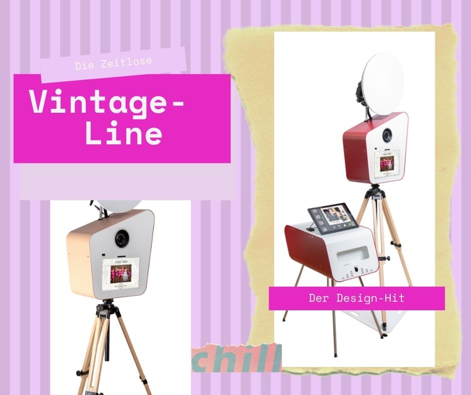 Vintage-Line Fotokiste in dunkler Holzoptik mit Rundkopf-Kamera, Ringlicht, Touchscreen und Druckstation, als Werbecollage mit den Schriftzügen Retro, Vintage-Line und echter Hingucker