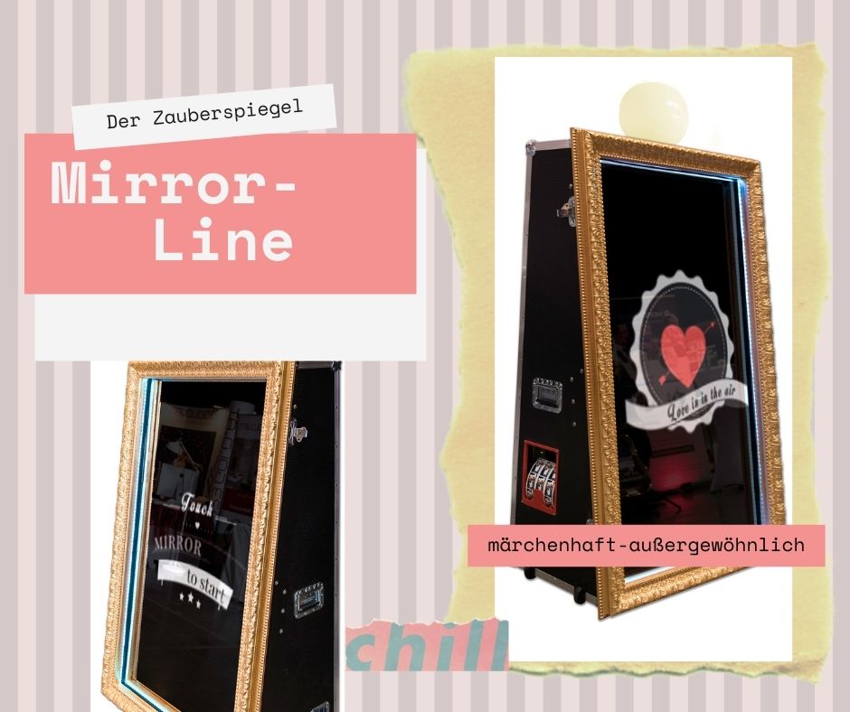 Mirror-Line Fotospiegel mit silbernem Rahmen, beleuchteter Standfläche und Ringlicht, als Werbecollage mit den Schriftzügen Der Star, Mirror-Line und Spiegel
