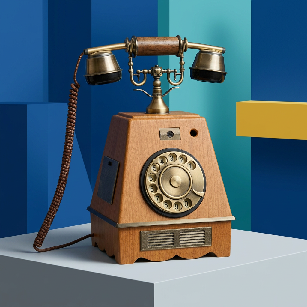 Video-Gästebuch als stilisiertes nostalgisches Holztelefon mit Messinghörer und Telefon-Wählscheibe vor blau-türkisem Hintergrund mit gelbem Akzent